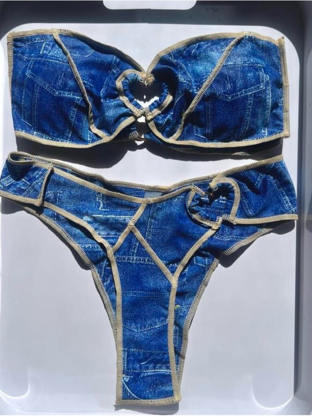 Blue Denim-Print Heart Cutout Bikini Set